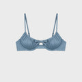 Luxury celestial blue underwire bikini top featuring gathered cups and a signature front tie detail on a white background.