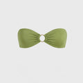 Luxury green bandeau bikini top from Solari, a Vancouver swimwear brand, featuring signature shiny fabric and gold ring hardware.
