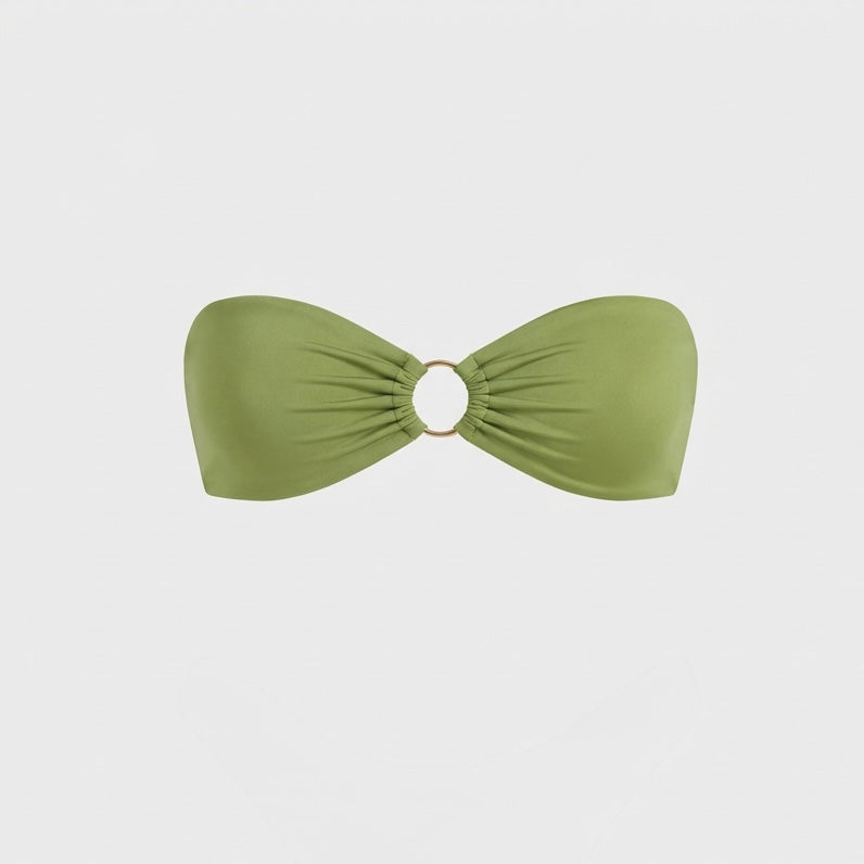 Luxury green bandeau bikini top from Solari, a Vancouver swimwear brand, featuring signature shiny fabric and gold ring hardware.