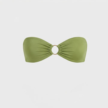 Luxury green bandeau bikini top from Solari, a Vancouver swimwear brand, featuring signature shiny fabric and gold ring hardware.