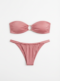 Luxury pink bandeau bikini top with gold ring hardware and matching Rosé bottoms from the Solari Siren collection.