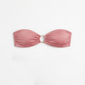 Luxury pink bandeau bikini top in Rosé with gold ring hardware on a clean white background.
