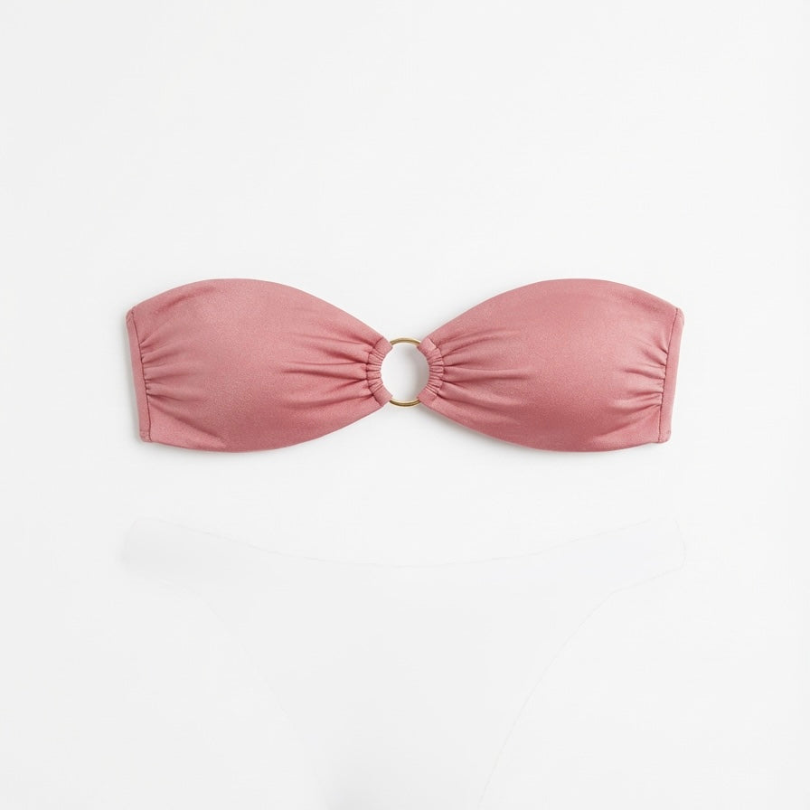 Luxury pink bandeau bikini top in Rosé with gold ring hardware on a clean white background.