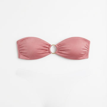Luxury pink bandeau bikini top in Rosé with gold ring hardware on a clean white background.