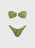 Luxury green bandeau bikini top and matching bottoms in Kiwi; a high-end resort set from Solari, a modern Vancouver swimwear brand.